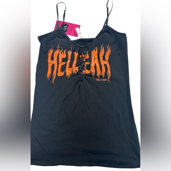 demi loon Tops - Demi Loon Graphic Hell Yeah Black and Orange Sexy Shredded Women's Tank Sz LG